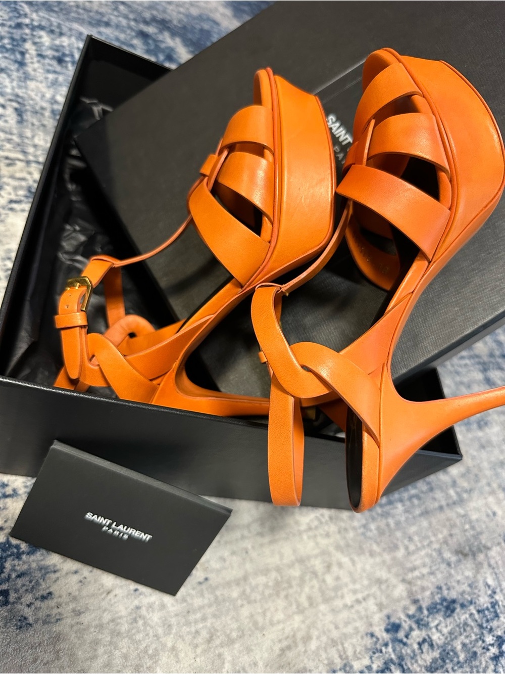 Saint Laurent Orange Leather Woven Heeled Sandals - Picture 4 of 6
